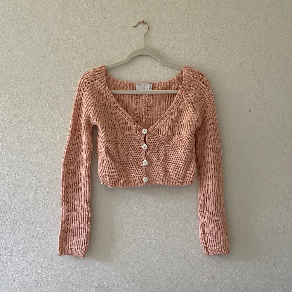 ASOS Pointelle Crop Sweater Scoop Button Front Cardigan